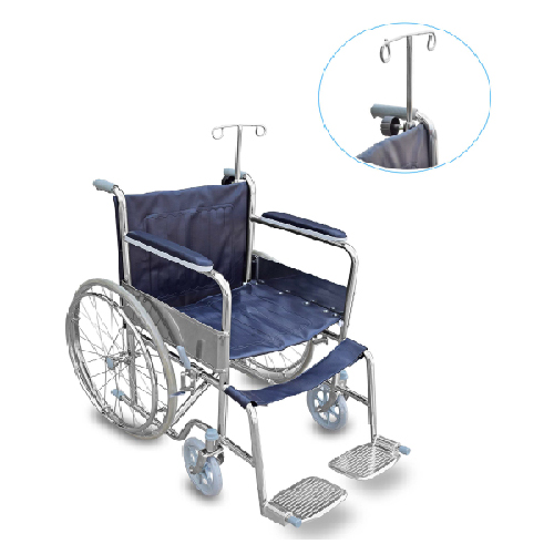 รถเข็นผู้ป่วยผู้สูงอายุ / Wheelchair มีเสาน้ำเกลือ ผลิตจากเหล็กชุบโครเมี่ยม รับน้ำหนักได้ 100 กิโลกรัม